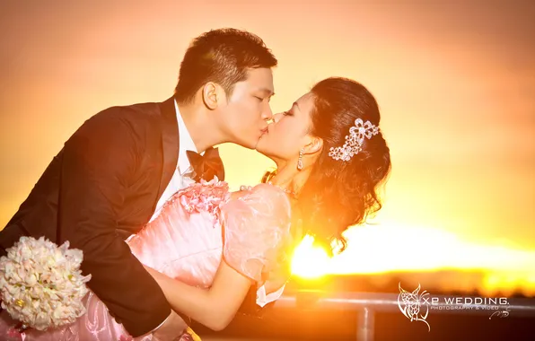 The sun, light, sunset, pair, wedding, the couple