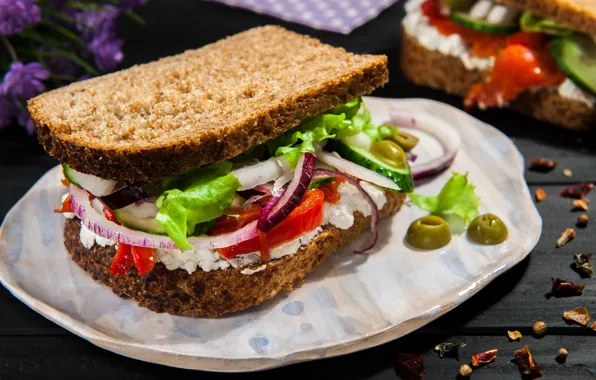 Picture vegetables, olives, sandwiches