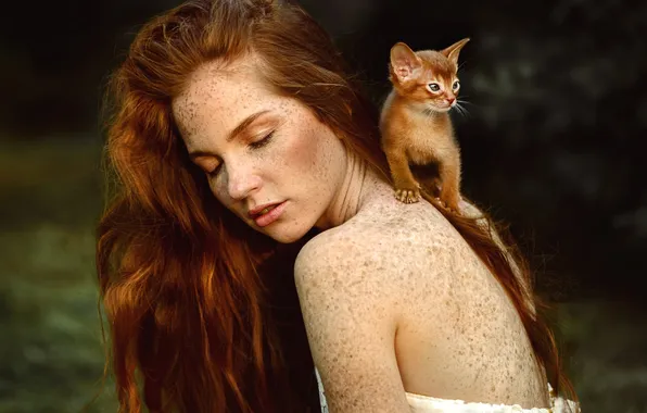 Cat, girl, nature, pose, kitty, back, portrait, freckles