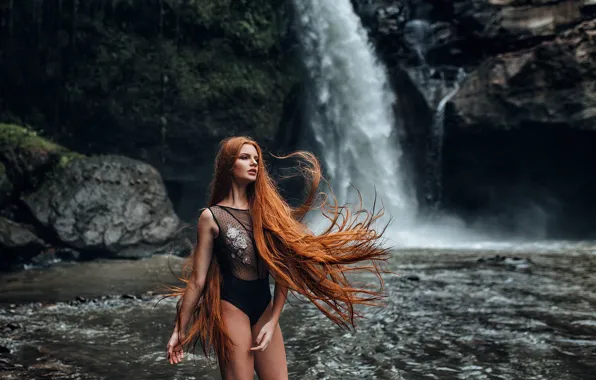Girl, pose, waterfall, red, redhead, long hair, Eugene Freyer