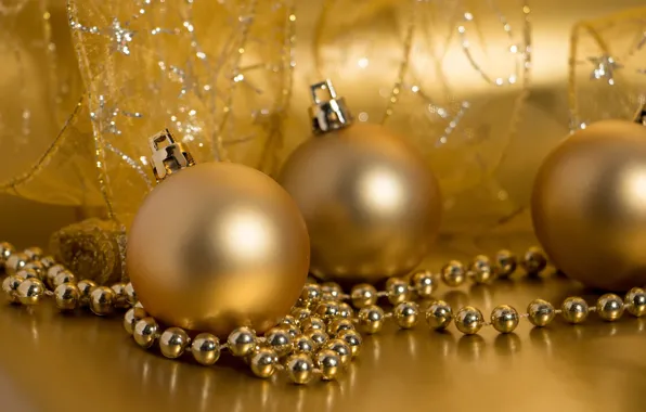 Balls, decoration, gold, holiday, New year, golden, decor, ribbon