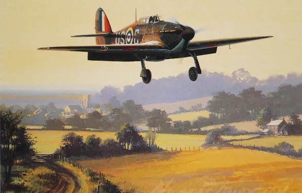 The plane, Fighter, painting, Hawker Hurricane, Hurricane, WW2, aircraft art
