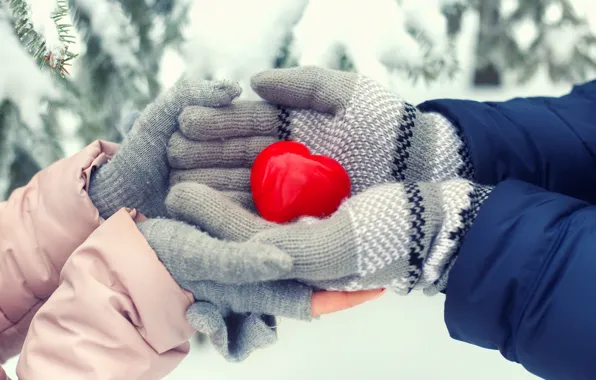 Winter, snow, love, heart, love, heart, winter, mittens