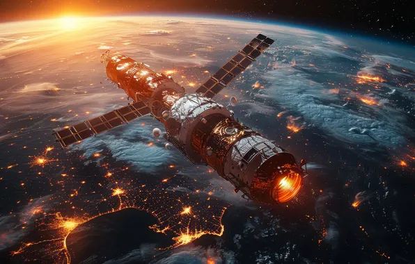 Space, flight, night, lights, fiction, planet, Earth, ISS