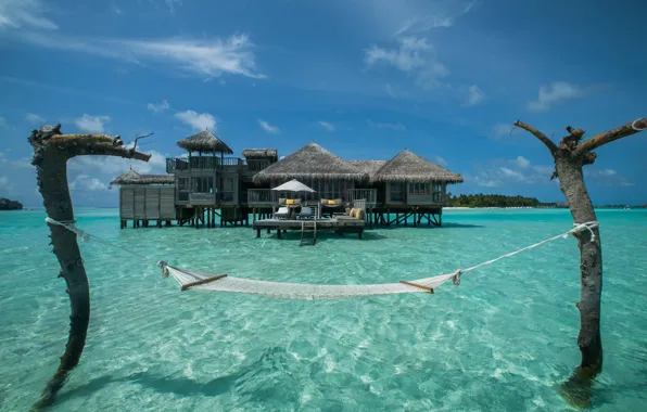 The ocean, Villa, hammock, The Maldives, resort, Water villas, Crusoe Residence