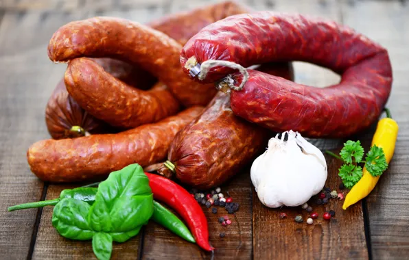 Greens, pepper, sausage, spices, peppers, sausage