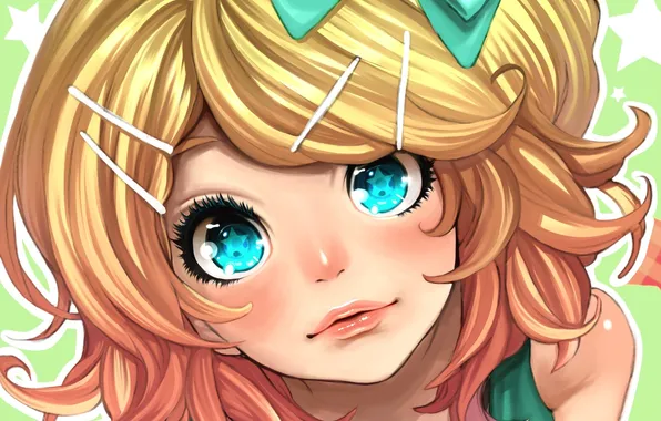 Eyes, girl, art, bow, stars, kagamine rin, Vocaloid, barrette