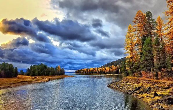 Picture autumn, forest, clouds, trees, lake, Lake Cascade