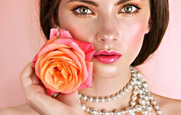 Flower, look, face, model, rose, necklace, brunette