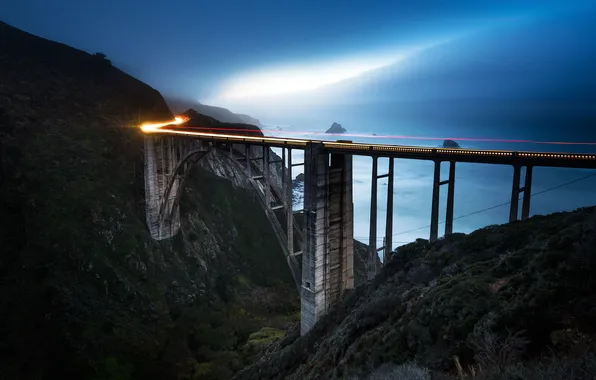 Sea, light, line, night, CA, Bixby Bridge, United States