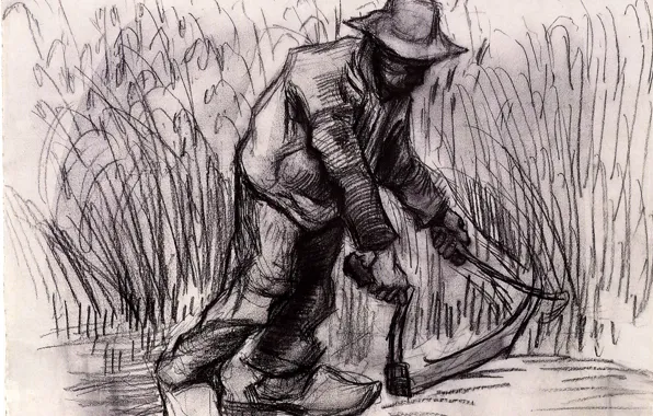 Picture working, hammer, black and white, farmer, Vincent van Gogh, Peasant with Sickle