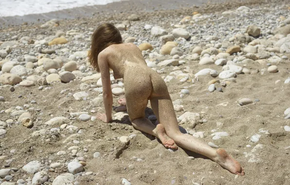 Beach, ocean, rocks, sand, surf, stones, outside, sexy woman