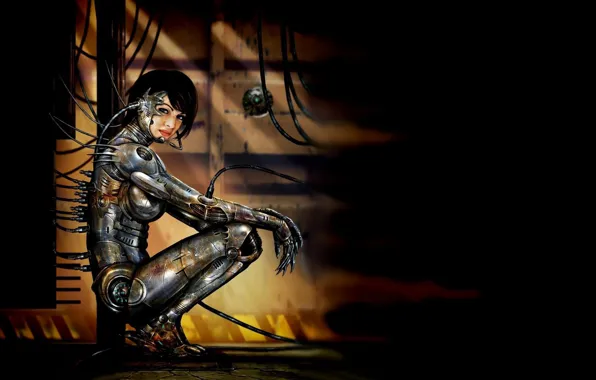 Picture girl, wire, cables, cyborg, metal, cyberpunk, cyberpunk, cyborg
