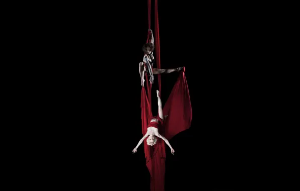 Pose, girls, brunette, blonde, slings, black background, red cloth, acrobatics