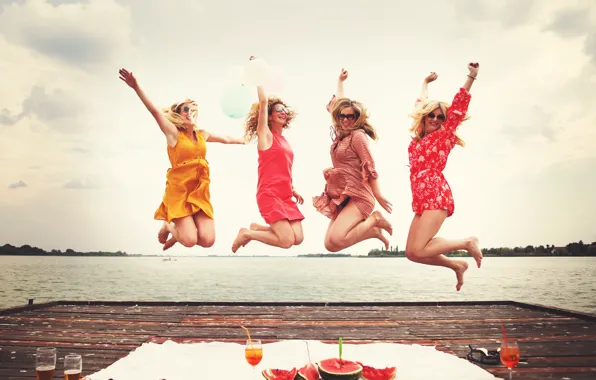 Girls, Lake, Smile, Watermelon, Jump, Blonde, Friend, Four