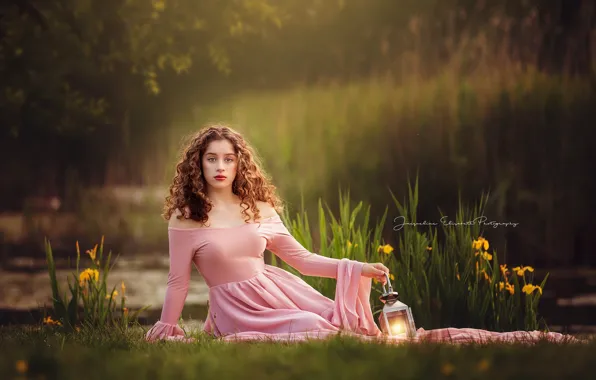 Grass, girl, flowers, nature, pose, dress, lantern, brown hair