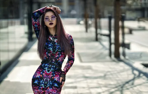 Pose, model, portrait, makeup, figure, dress, glasses, hairstyle