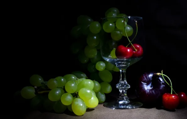 The dark background, glass, grapes, fabric, fruit, still life, cherry, figs