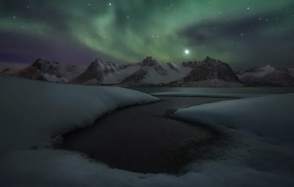 Winter, snow, night, Northern lights, pond