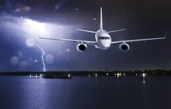 Picture sea, the storm, flight, night, clouds, lights, glare, the plane