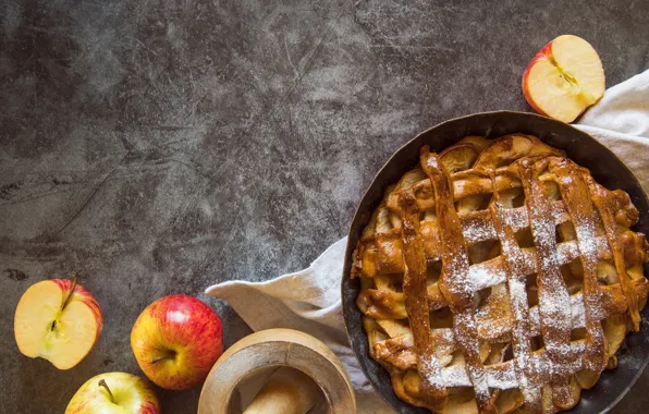 Apples, towel, pie, cakes, braided, powdered sugar, mortar, pan