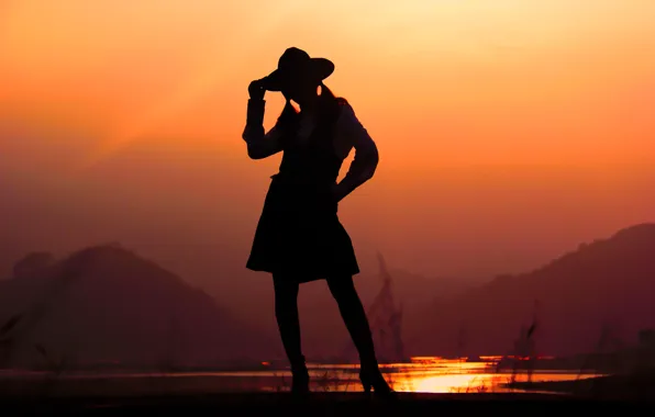Picture sunset, hat, silhouette