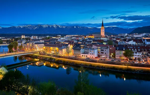 Picture mountains, bridge, reflection, river, building, home, Austria, Alps