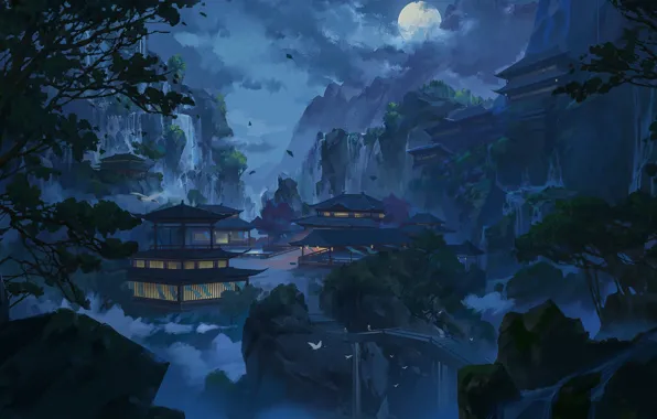 Picture landscape, mountains, night, castle, the moon, Asia, figure, China