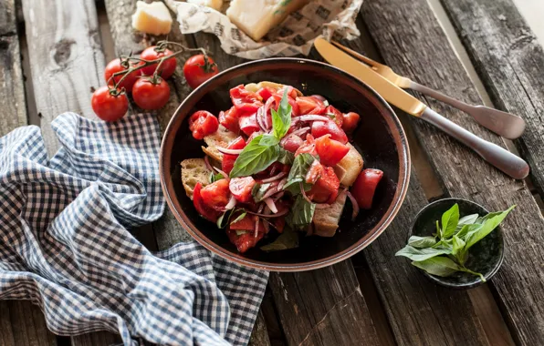 Picture greens, cheese, tomatoes, wood, salad, appetizer