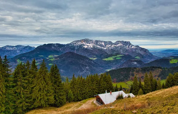 Roof, autumn, forest, the sky, clouds, landscape, mountains, nature