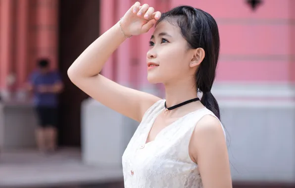 Gesture, brown eyes, brown eyes, asian, black hair, cute girl, gesture, bright dress