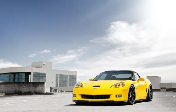 The sky, clouds, yellow, Z06, Corvette, Chevrolet, Chevrolet, yellow