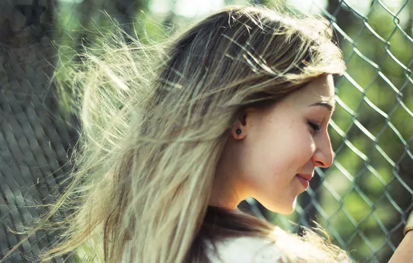 Girl, smile, the wind, blonde, grille