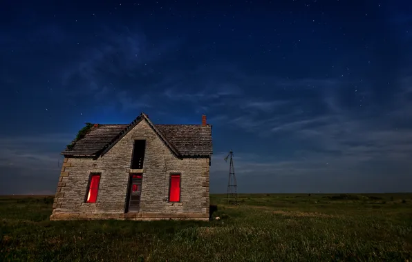 Picture field, landscape, night, house