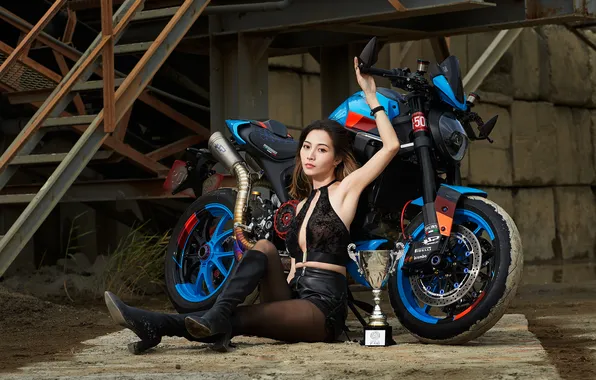 Girl, pose, hand, boots, motorcycle, legs, Asian, Cup