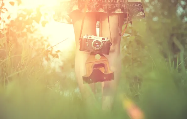 Grass, girl, the sun, feet, dress, the camera, Blik, camera
