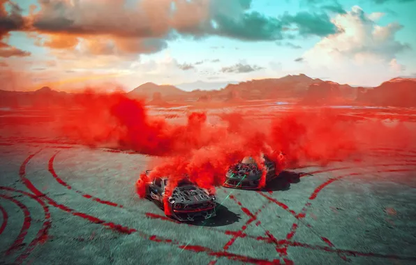 Mountains, traces, smoke, cars, Drone RUN