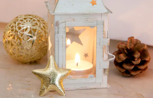 Toy, star, ball, candle, New Year, Christmas, flashlight, gold