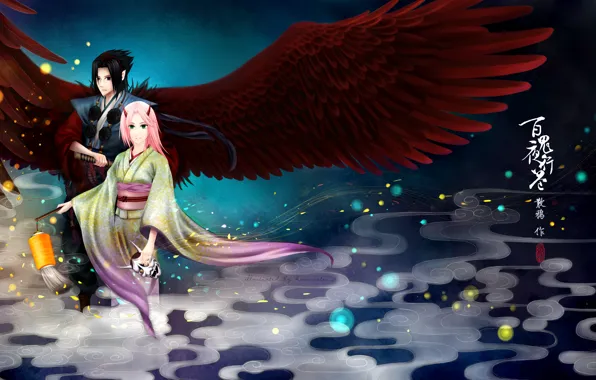 Picture girl, wings, mask, flashlight, characters, horns, guy, kimono