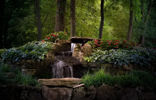 Trees, flowers, Park, waterfall, Missouri, cascade, Missouri, Springfield
