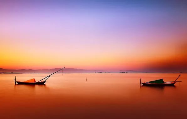Sea, the sky, mountains, boat, horizon