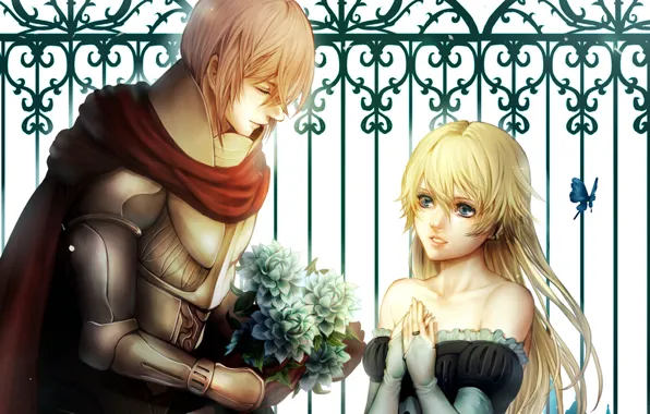 Picture girl, butterfly, bouquet, pair, Guy, lovers, knight