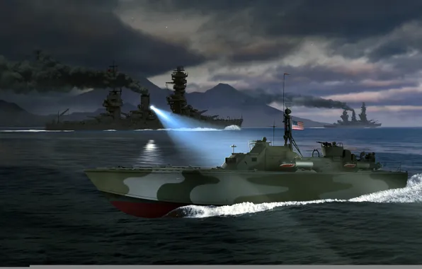 Night, war, art, USA, spotlight, battleships, ship of the line, PT boat