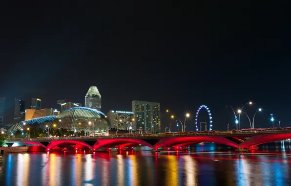 Night, bridge, design, lights, building, home, lights, Singapore