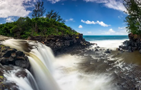 The ocean, coast, vegetation, France, waterfall, France, The Indian ocean, Indian Ocean