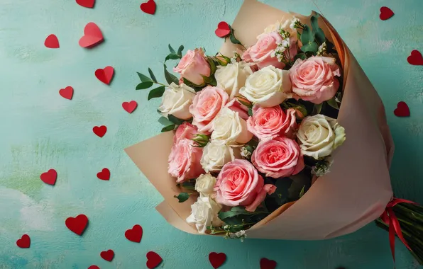 Love, flowers, roses, bouquet, hearts, pink, white, Valentine's Day