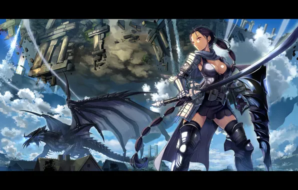The wreckage, girl, the city, dragon, sword, fantasy, art, shield