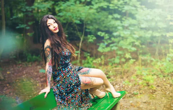 Picture look, girl, bench, nature, hair, dress, tattoo