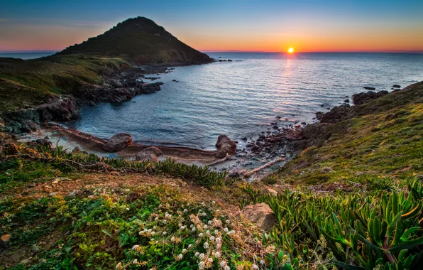 Sea, the sky, the sun, stones, dawn, coast, France, Bay