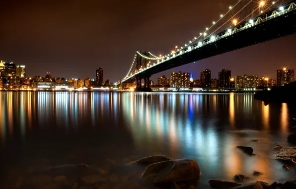 The sky, night, bridge, the city, lights, reflection, stones, shore